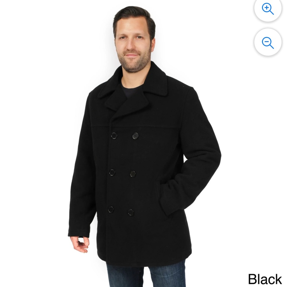 Excelled Mens Big And Tall Black Pea Coat Size 4X With Blue White Scarf
